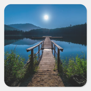Pier bij nacht onder een volle maan vierkante sticker