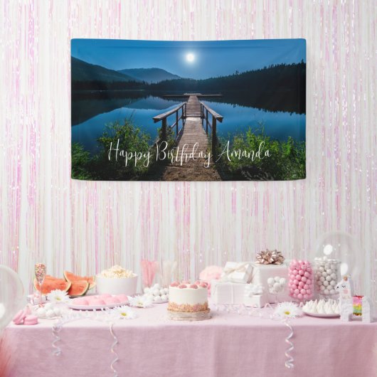 Pier bij nacht onder volledige maan verjaardag spandoek (Feest)