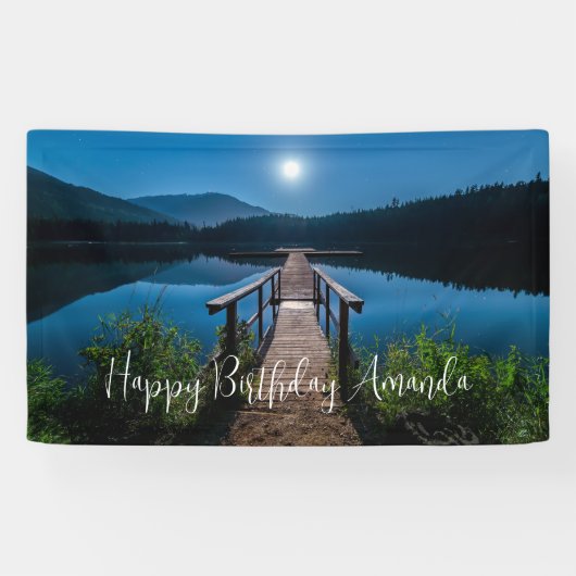 Pier bij nacht onder volledige maan verjaardag spandoek (Horizontaal)