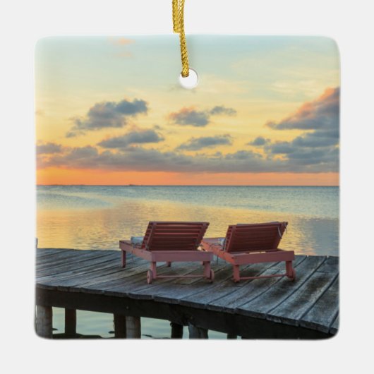 Pier kijkt uit over de oceaan, Belize Keramisch Ornament (Voorkant)