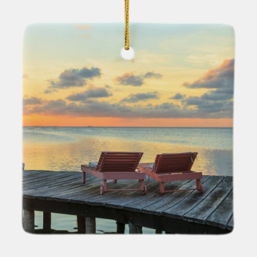 Pier ziet de oceaan over het hoofd, Belize Keramisch Ornament (Achterkant)