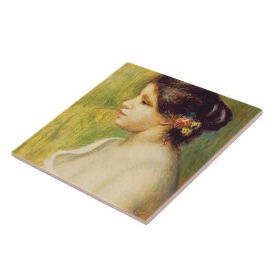 Pierre A Renoir | Jonge vrouw met bloemen aan het  Tegeltje (Zijkant)