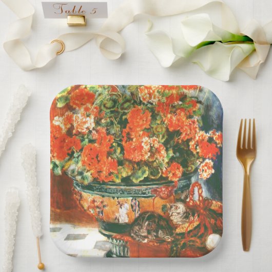 Pierre-Auguste Renoir Geraniums en katten Papieren Bordje (Huwelijk)