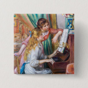 Pierre Auguste Renoir - Jonge meisjes aan de Piano Vierkante Button 5,1 Cm