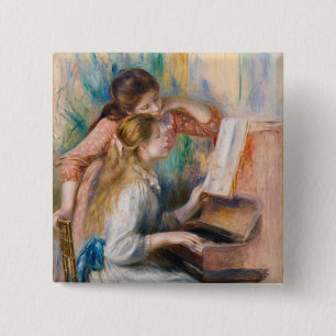 Pierre Auguste Renoir - Jonge meisjes aan de Piano Vierkante Button 5,1 Cm