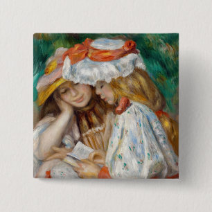 Pierre-Auguste Renoir - Lezen van twee meisjes Vierkante Button 5,1 Cm