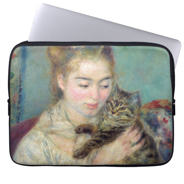 Pierre-Auguste Renoir - Vrouw met een kat Laptop Sleeve (Voorkant)