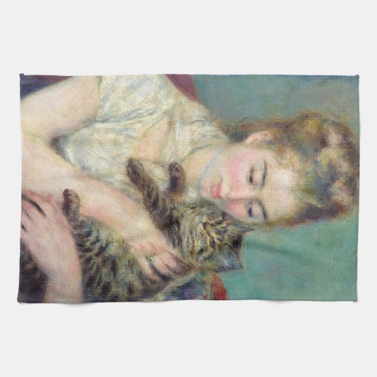 Pierre-Auguste Renoir - Vrouw met een kat Theedoek (Horizontaal)
