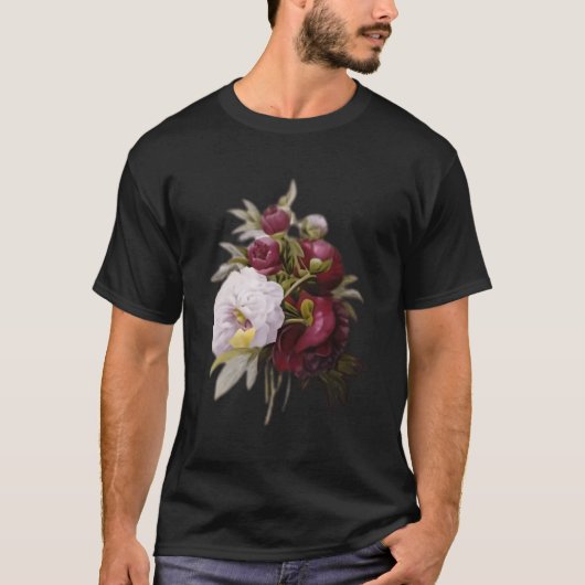 Pierre Joseph Redoute Witte Rode Pioen Verf Bloem T-shirt (Voorkant)