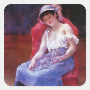 Pierre Renoir- Slapen Meisje (Meisje met een Kat) Vierkante Sticker