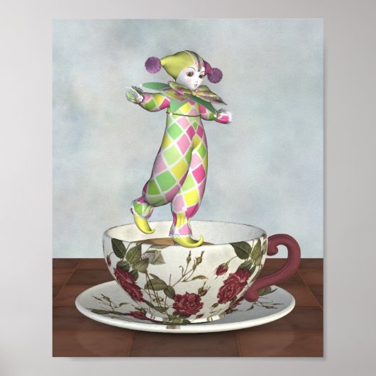 Pierrot Clown Doll Balancing on a Tea Cup Poster (Voorkant)