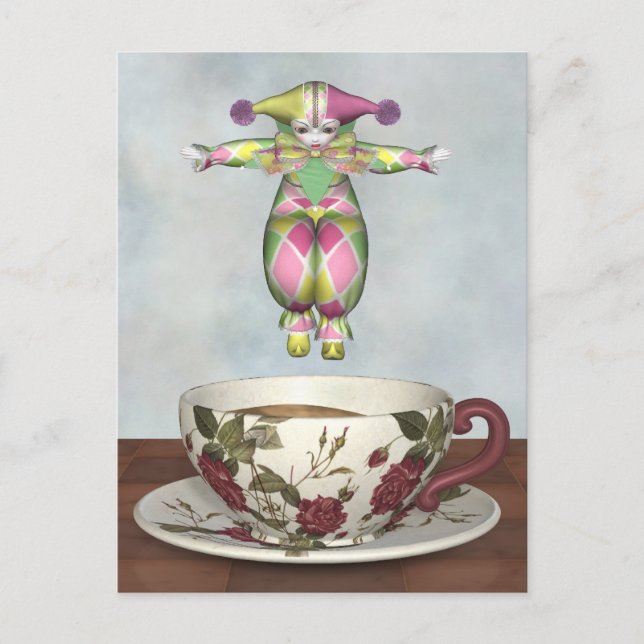 Pierrot Clown Doll Jumping in een Tea Cup Briefkaart (Voorkant)