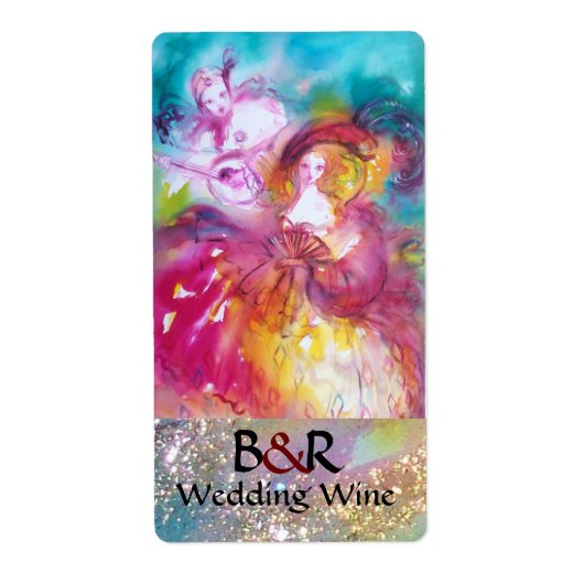 PIERROT EN ARLECCHINA Venetiaanse maskers Wijnwijn Etiket (Voorkant)