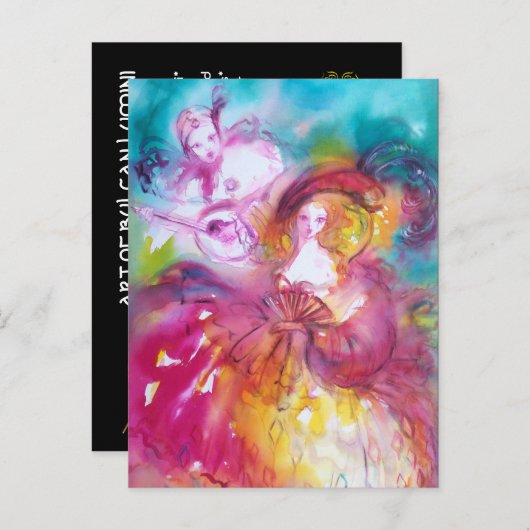 PIERROT EN ARLECCHINA / Venetiaanse Masquerade Uitnodiging Briefkaart (Voorkant / Achterkant)