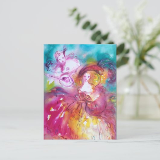 PIERROT EN ARLECCHINA / Venetiaanse Masquerade Uitnodiging Briefkaart (Staand voorkant)