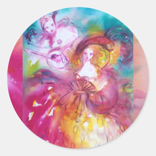 PIERROT EN ARLECCHINA Venetian Carnival, Ronde Sticker (Voorkant)