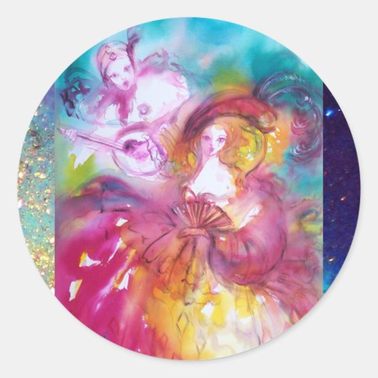 PIERROT EN ARLECCHINA Venetian Carnival, Ronde Sticker (Voorkant)