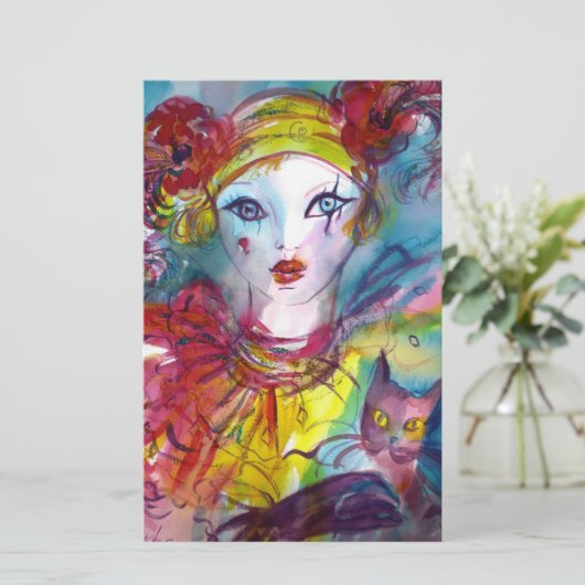 PIERROT MET CAT / Mardi Gras Masquerade Party Briefpapier (Staand voorkant)