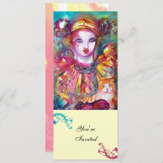 PIERROT MET CAT / Mardi Gras Masquerade Party Kaart (Voorkant / Achterkant)