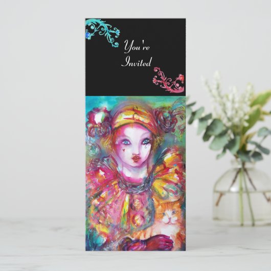 PIERROT MET CAT / Mardi Gras Masquerade Party Kaart (Staand voorkant)