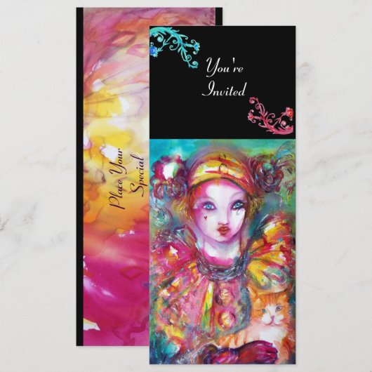 PIERROT MET CAT / Mardi Gras Masquerade Party Kaart (Voorkant / Achterkant)