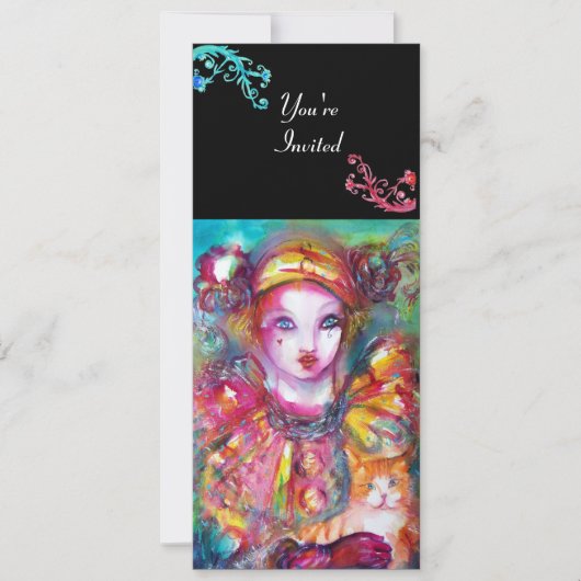 PIERROT MET CAT / Mardi Gras Masquerade Party Kaart (Voorkant)