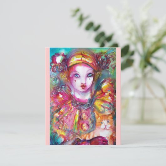 PIERROT MET CAT / Mardi Gras Masquerade Party Kaart (Staand voorkant)