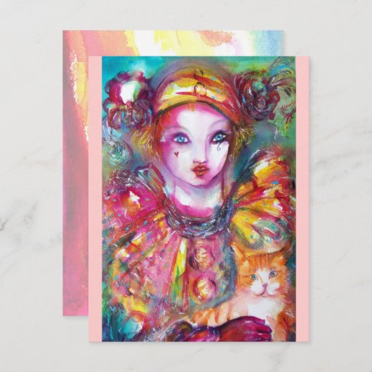 PIERROT MET CAT / Mardi Gras Masquerade Party Kaart (Voorkant / Achterkant)