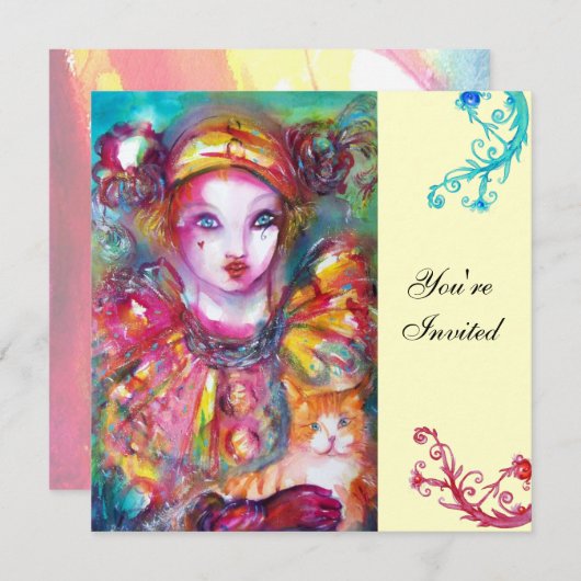 PIERROT MET CAT / Mardi Gras Masquerade Party Kaart (Voorkant / Achterkant)
