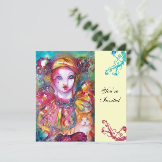 PIERROT MET CAT / Mardi Gras Masquerade Party Kaart (Staand voorkant)