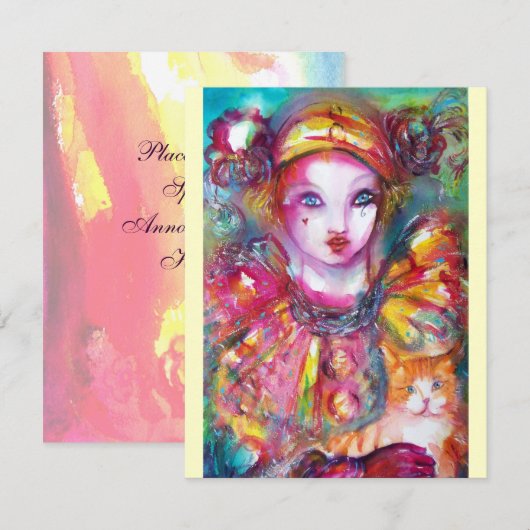 PIERROT MET CAT / Mardi Gras Masquerade Party Kaart (Voorkant / Achterkant)