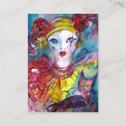 PIERROT MET CAT-Masquerade-masker, blauwe Sparkles Visitekaartje (Achterkant)