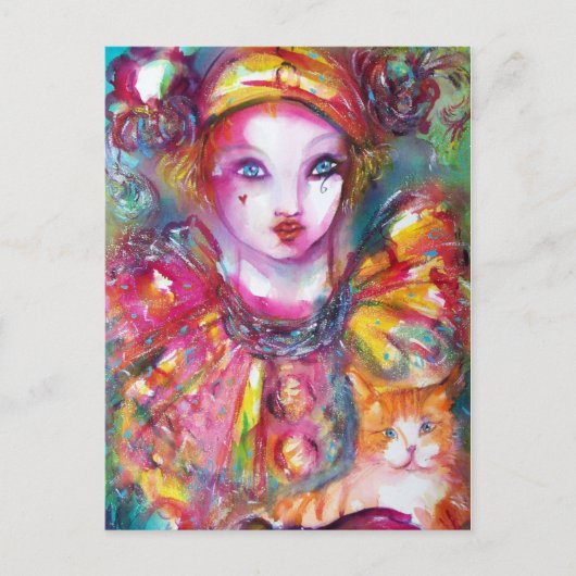 Pierrot met Cat/Venetian Masquerade maskers Briefkaart (Voorkant)