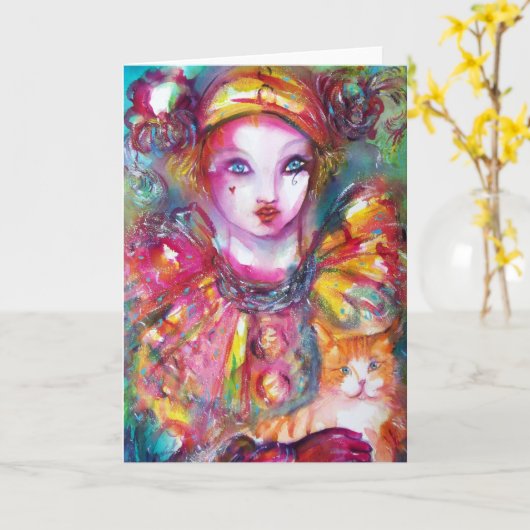 Pierrot met kat  / Venetiaanse Carnavalsmaskers Kaart (Gele Bloem)