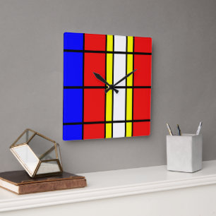 Piet Mondrian Art Style Modern Bright Colour Squar Vierkante Klok