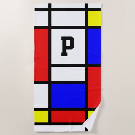 Piet Mondrian Art Style Modern Bright Monogrammen Strandlaken (Voorkant)