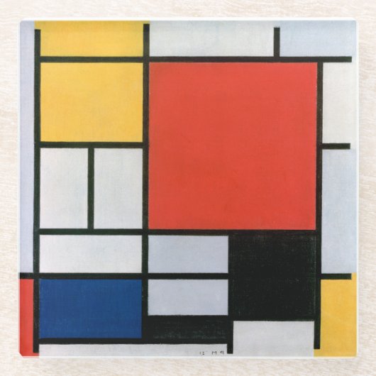  Piet Mondrian Composition, retro Glazen Onderzetter (Voorkant)