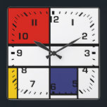 Piet Mondrian, samenstelling C Vierkante Klok<br><div class="desc">Klok met een zwart vierkant klokgezicht geïnspireerd door het moderne kunstschilderij van Piet Mondriers Composition C De Stijl.</div>