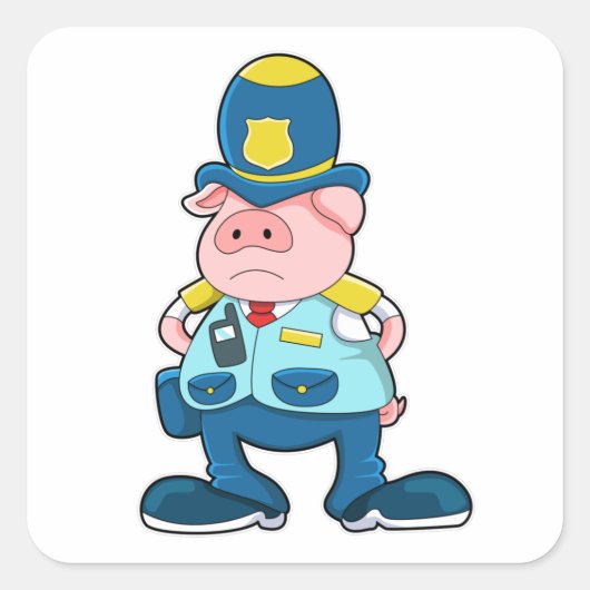 Pig als politieagent met politie-eenheid en Pet Vierkante Sticker (Voorkant)