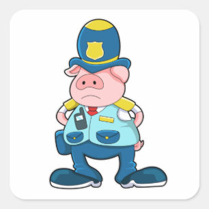 Pig als politieagent met politie-eenheid en Pet Vierkante Sticker