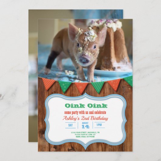 Pig and Cake verjaardagsuitnodiging Kaart (Voorkant / Achterkant)