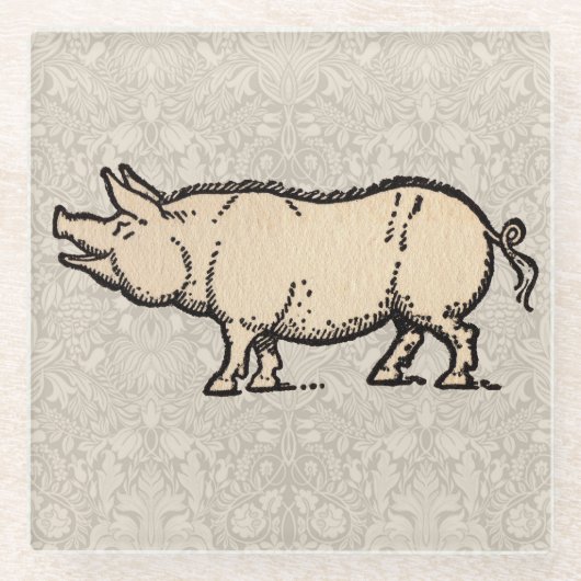 Pig Antiek Piggy Schattige Illustratie Glazen Onderzetter (Voorkant)