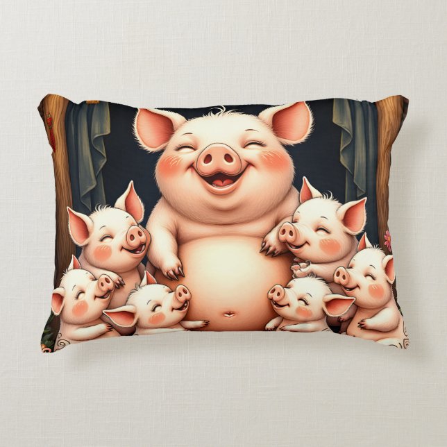  Pig Art – Mother & Piglets Accent Kussen (Voorkant)