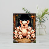  Pig Art – Mother & Piglets Folie Uitnodiging Briefkaart (Staand Voorkant)