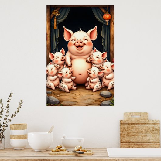  Pig Art – Mother & Piglets Poster (Keuken)