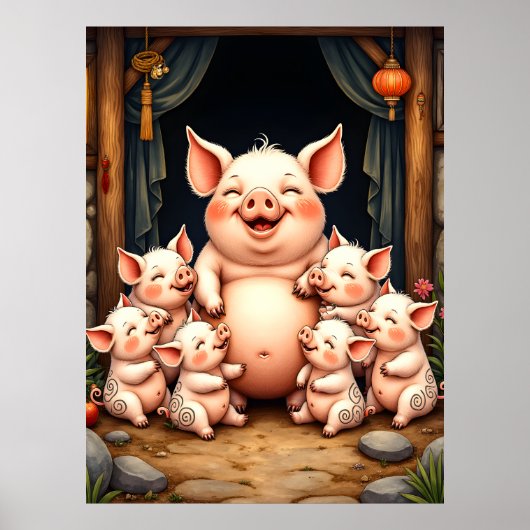 Pig Art – Mother & Piglets Poster (Voorkant)