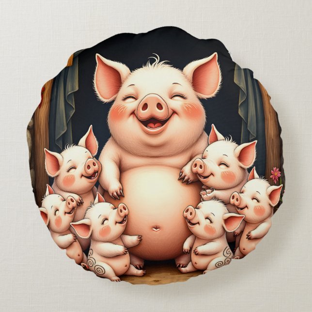  Pig Art – Mother & Piglets Rond Kussen (Achterkant)