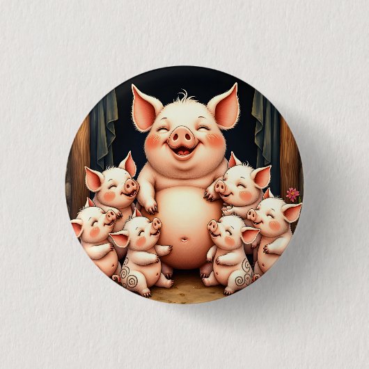  Pig Art – Mother & Piglets Ronde Button 3,2 Cm (Voorkant)