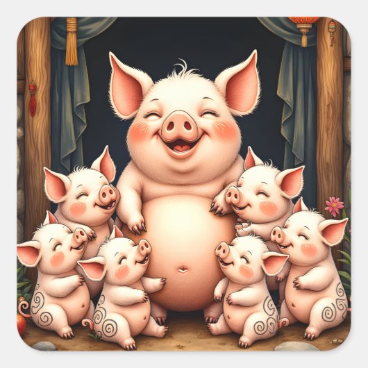  Pig Art – Mother & Piglets Vierkante Sticker (Voorkant)