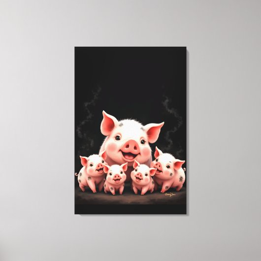 Pig Artwork – Mother Pig & Piglets Canvas Afdruk (Voorkant)